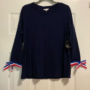 Crown & Ivy Navy Blue Top with Red, White, and Blue Wrist Details